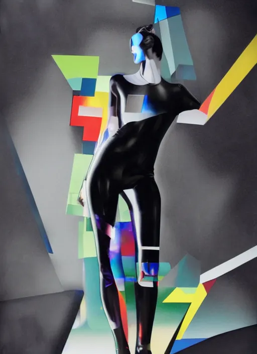 Image similar to futuristic lasers tracing, colorsmoke, leather fullbodysuit, pyramid hoodvisor, raindrops, wet, oiled, beautiful cyborg girl, by steven meisel, kaws, rolf armstrong, mondrian, kandinsky, perfect geometry abstract acrylic, octane hyperrealism photorealistic airbrush collage painting, dark monochrome, fluorescent colors, minimalist rule of thirds, eighties eros