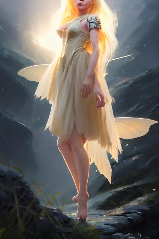 Image similar to cinematic shot of an epic portrait of a cute blonde fairy dressed in military clothes, stylised military clothes, shiny skin, beautiful eyes, beautiful, small details, night setting, realistic poster with volumetric light from craig mallism, artgerm, jeremy lipkin and michael garmash, unreal engine, radiant light, digital art, trends at art station, a masterpiece