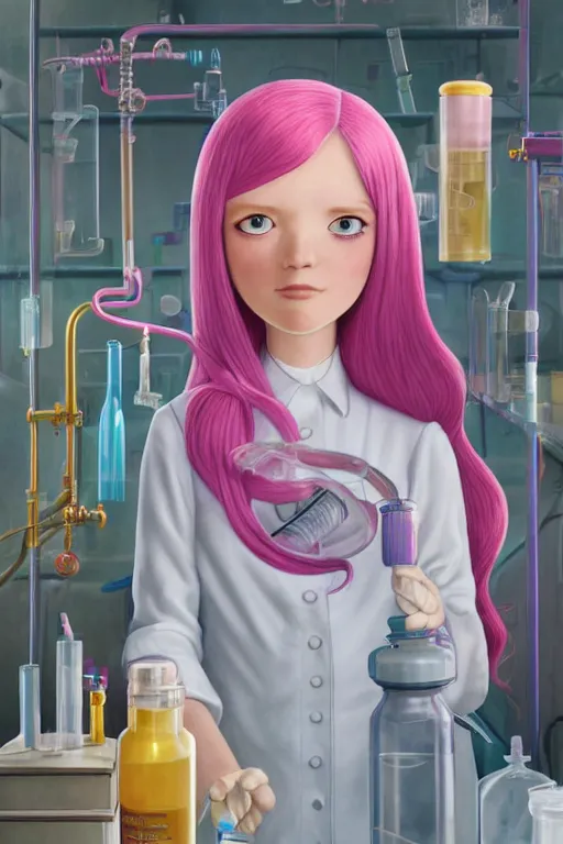 Image similar to highly detailed, industrial photography, profile view of adult princess bubblegum from adventure time, working in her science lab, wearing lab coat, long bubblegum hair, long straight bangs, confident, beautiful, attractive, illustration concept art by nicoletta ceccoli, mark ryden, lostfish, detailed and intricate environment, 8 k resolution, hyperrealistic, octane render