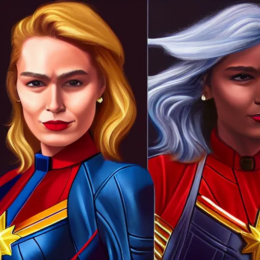 Prompt: captain marvel fashion, gucci catwalk, oil painting, digital art, ultradetailed, artstation