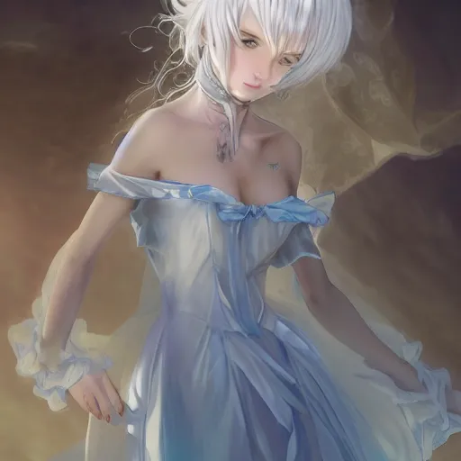 Image similar to white haired anime girl in a vaporous wrapped large victorian cream roses silk semi-transparent blue and cream dress fashion is running D&D, fantasy, intricate, elegant, highly detailed, digital painting, artstation, concept art, matte, sharp focus, illustration, art by Artgerm and Greg Rutkowski and Alphonse Mucha, UHD