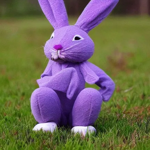 Prompt: a mascot of a purple bunny,creepy,eerie,scary,realistic