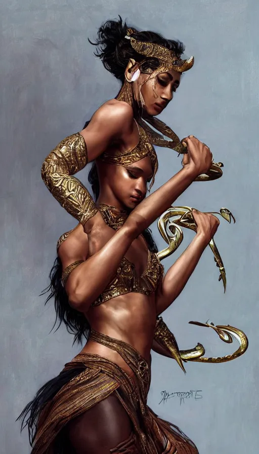 Prompt: dancer, arabian, dark skin, passionate , seductive, playing an instrument, sweaty, intricate fashion clothing, insane, intricate, highly detailed, digital painting, artstation, concept art, smooth, sharp focus, illustration, Unreal Engine 5, 8K, art by artgerm and greg rutkowski and alphonse mucha