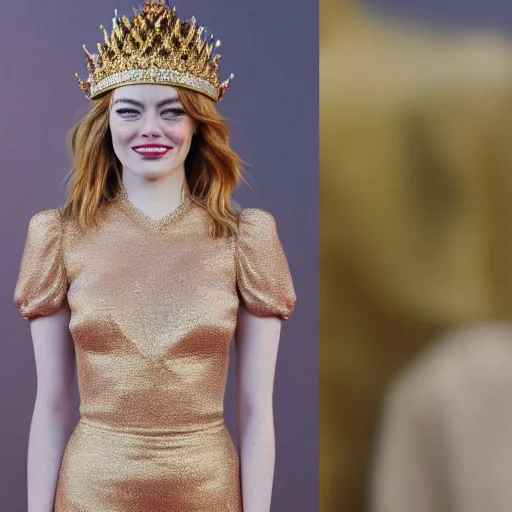 Image similar to A full body shot of Emma Stone wearing a golden Arabian crown , royality, high quality, fully detailed, 4k