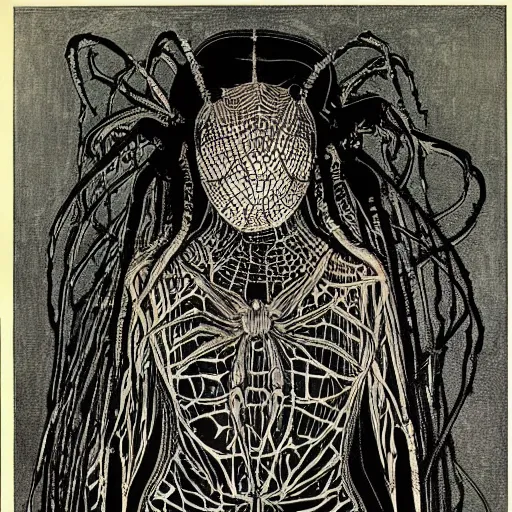 Image similar to a girl with a spider, colored woodcut, print, by Mackintosh, art noveau, by Ernst Haeckel, by Tsutomu Nihei