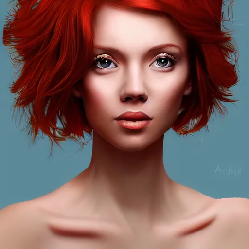 Prompt: portrait of a beautiful woman, redhead, short hair, digital art, extremely detailed