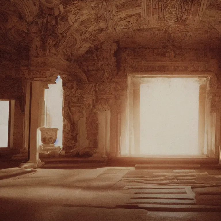 Image similar to 1 9 7 0 s car inside a marble temple, film photo, soft lighting album cover, nostalgia, gradient, light reflection