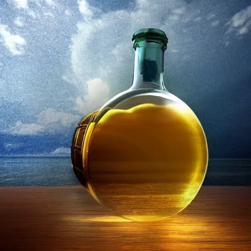 Image similar to A Ship inside a bottle lying on the table, perfect definition,