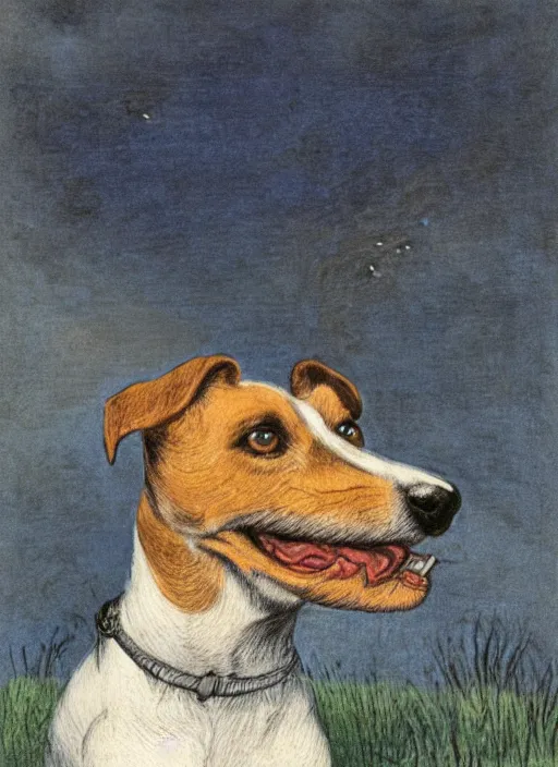 Prompt: candid portrait of jack russel dog sad mouth open, night sky, highly detailed, illustrated by peggy fortnum and beatrix potter and sir john tenniel