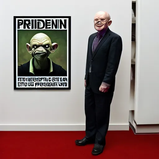 Image similar to president gollum standing in front of a poster with an image of the one ring