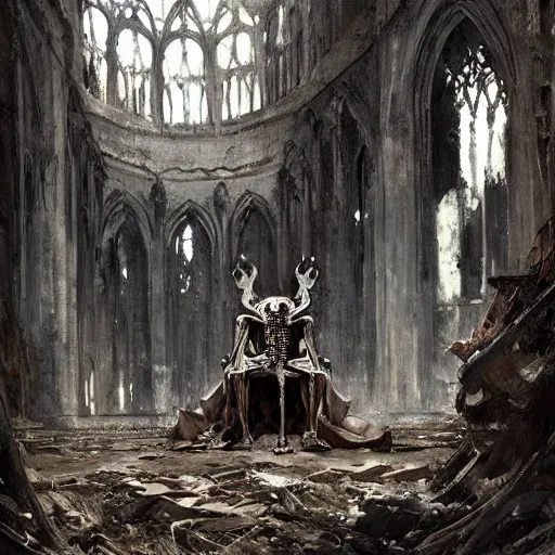 Image similar to Skeleton King wearing ragged clothes resting on a throne inside a ruined cathedral, oil painting, by Fernanda Suarez and Greg Rutkowski