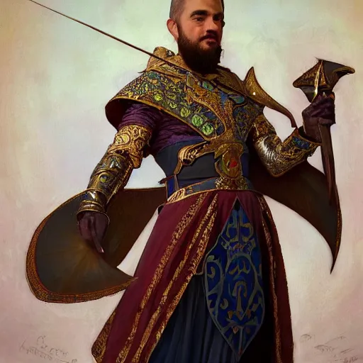 Prompt: charming tailor of middle - eastern descent, dressed in fine colorful robes and jewelry over fantasy armor, goatee, smirking, holding a magic needle and spool, fantasy art by barret frymire and artem priakhin and wenjun lin and greg rutkowski and alphonse mucha, artstation, matte, illustration, intricate, highly - detailed high resolution