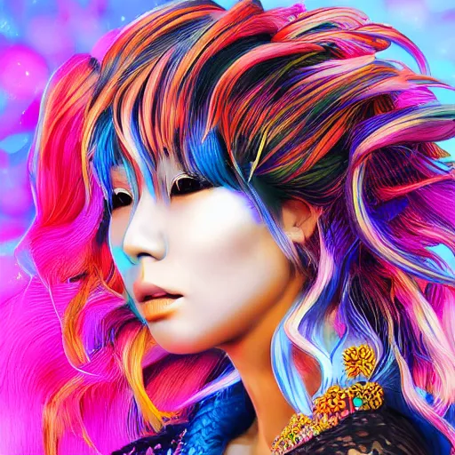 Image similar to japanese model with maximalist hair style and makeup, bright colors, fashion mode, portrait, gliter, depth of field, 8 k, hyper detailed, intricate, trending on artstation