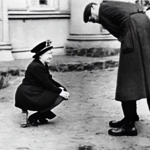 Prompt: ultra wide 1 9 4 6 blurry historical photo of a single german general kneeling, a young queen elizabeth watches him, french village exterior, her brown and white corgis are next to her, highly detailed, sharp focus