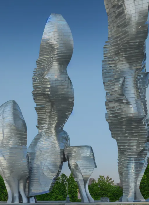 Image similar to highly detailed realistic architecture 3 d render of a futuristic stele monument in frank gehry style standing in city park, archdaily, made in unreal engine 4 octane render