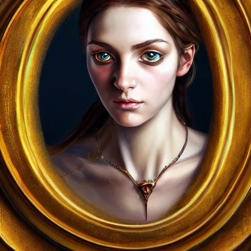 Prompt: high quality extremely detailed portrait of a young gorgeous female warlock looking away from the camera, detailed eyes, sparkle in eyes, no hands visible, fantasy, d & d, painting by lucian freud and mark brooks, hd