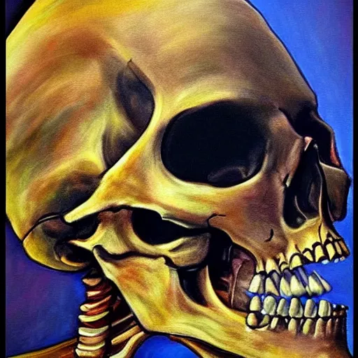 Image similar to human skeleton sitted and painting a beautiful painting