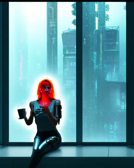 Image similar to a terminator cyborg lady with borg implants is drinking coffee near a window with dystopian city visible outside. tiny green led lights in her cybernetics. very detailed 8 k. horror cyberpunk style.