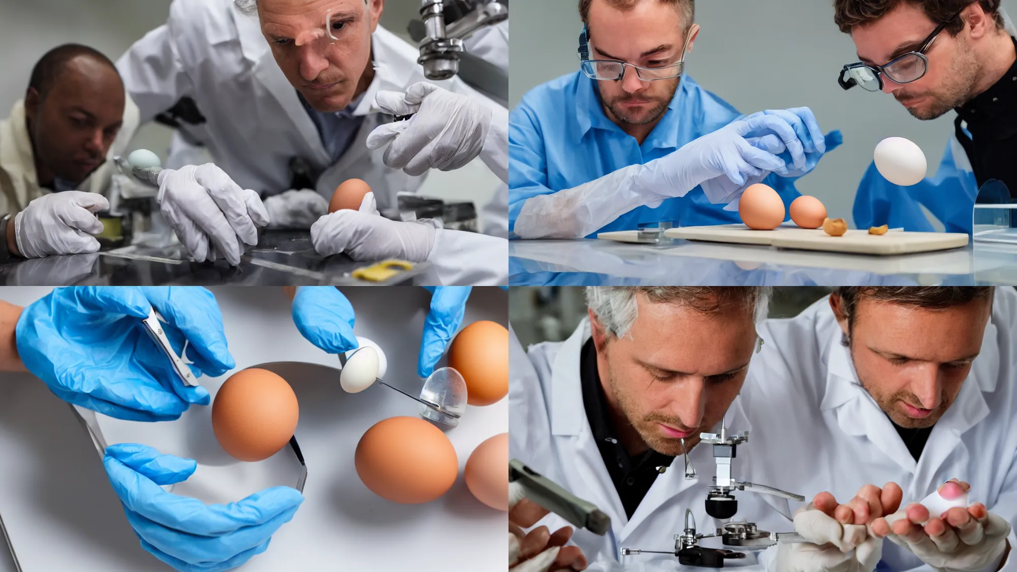 Prompt: scientist examining egg with calipers