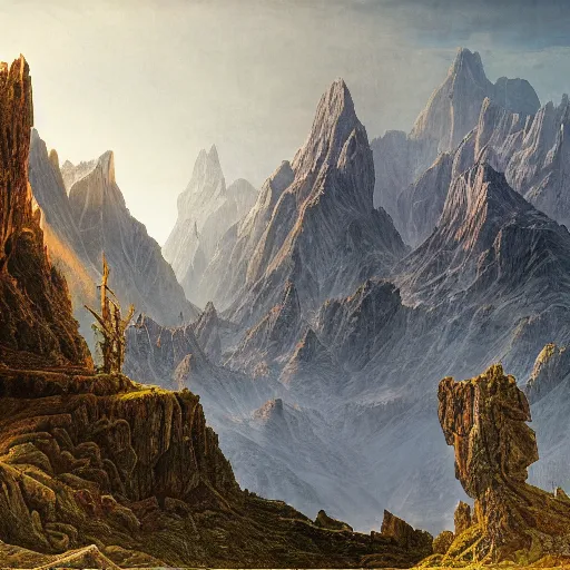Prompt: a beautiful and highly detailed matte painting of a the most epic mountains ever, intricate details, epic scale, insanely complex, 8 k, sharp focus, hyperrealism, very realistic, by caspar friedrich, greg rutowski, james gurney, zeen chin,