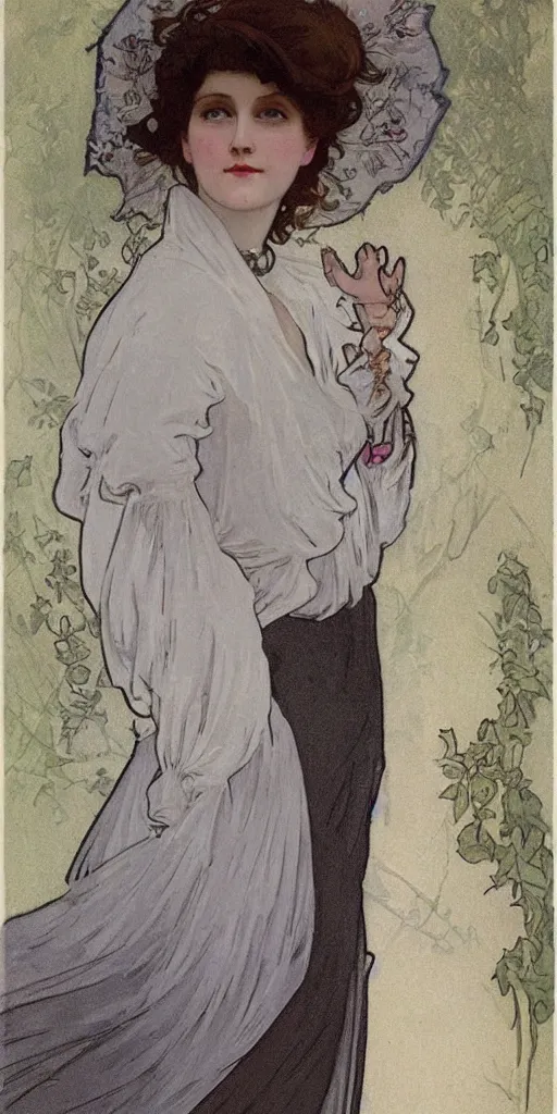 Image similar to a young edwardian woman wearing a white blouse and a grey skirt, in the style of mucha