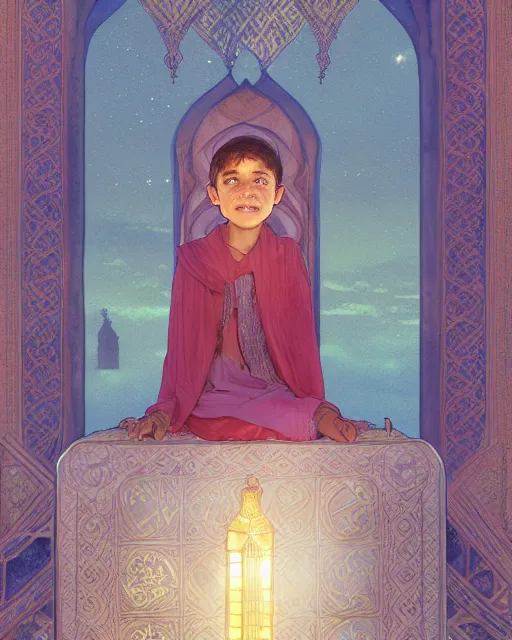 Image similar to a faceless bedouin child infront of a big open quran highly detailed, gold filigree, romantic storybook fantasy, soft cinematic lighting, award, disney concept art watercolor illustration by mandy jurgens and alphonse mucha and alena aenami, pastel color palette, featured on artstation