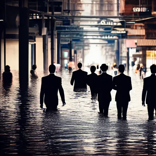 Image similar to flooded city with business people walking. simple, minimalist