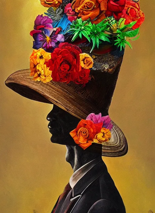 Image similar to a painting of a man with a strange hat on his head, a surrealist painting by Szymon Kot, behance contest winner, metaphysical painting, made of flowers, oil on canvas, detailed painting