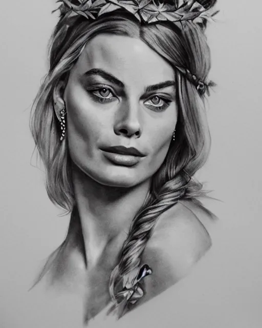 Image similar to realism tattoo sketch of margot robbie as a beautiful greek goddess aphrodite with piercing eyes wearing a laurel wreath and triangle earrings, in the style of greg rutkowski, amazing detail