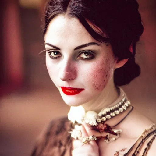 Image similar to A beautiful portrait of a lady vampire, victorian, photography, 35mm, depth of field, bokeh, soft light, cinematic, steve mccurry