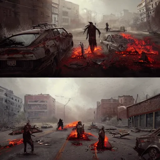 Prompt: zombie apocalypse, abandoned city, burning vehicles, artwork by Michal Lisowski, award winning illustration, highly detailed, trending on artstation