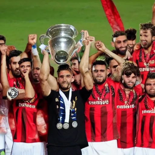 Prompt: fc mallorca players lifting a champions league trophy