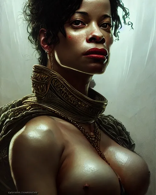 Prompt: karrine steffans, character portrait, portrait, close up, concept art, intricate details, highly detailed by greg rutkowski, michael whelan and gustave dore