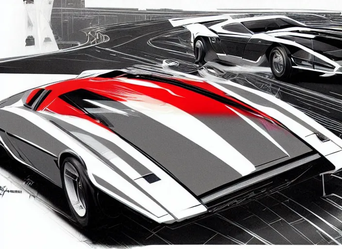 Image similar to syd mead concept art, raplh mcquarrie. mach 5 speed racer, kitt 1 9 8 2 pontiac trans am. style blade runner 2 0 4 9, retro, retro futurist. concept art by syd mead and star wars