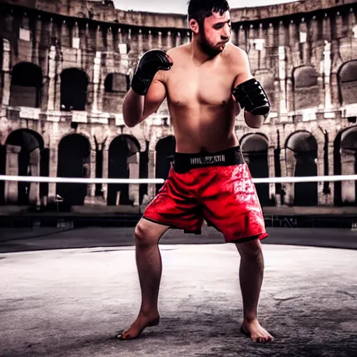 Prompt: photo of mma fighter in roman colosseum, natural light, 4k, high quality, award winning photography