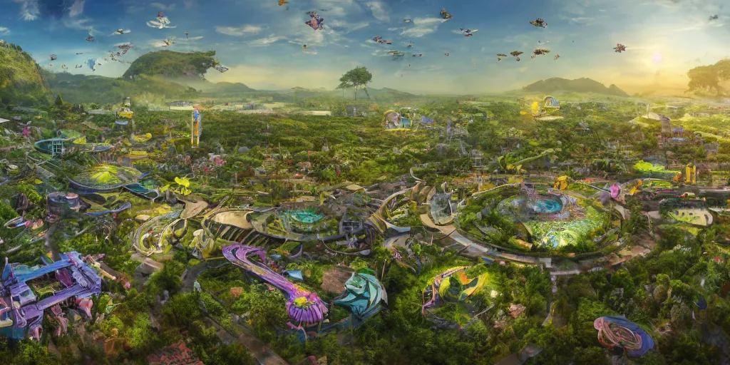 Prompt: central perspective of a smart village with psychedelic solarpunk architecture, big bee, flying cow, surrounded by lush nature - rays, ray - tracing, cinematic lighting, 8 k smooth, vibrant colors, ambient occlusion, hdr, complex, highly atmospheric lighting, highly detailed, alex grey, greg rutkowski, focus, cinematic, concept art, artstation, trending