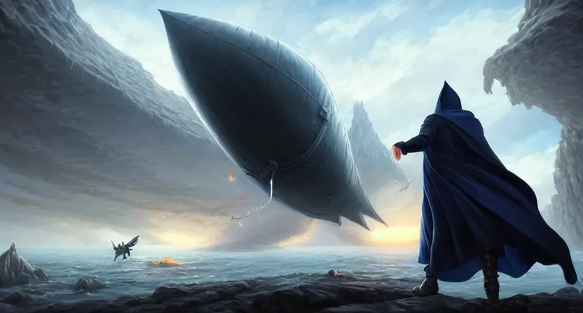 Prompt: handsome mage with stave running away from giant airship, black hair wearing square hooded gothic navy cloak, cave town, movie action still frame, ultra wide horizon, intricate, elegant, highly detailed, hyperrealism, digital painting, concept art, smooth, sharp, focus, illustration, art by artgerm, greg rutkowski, ilya kuvshinov