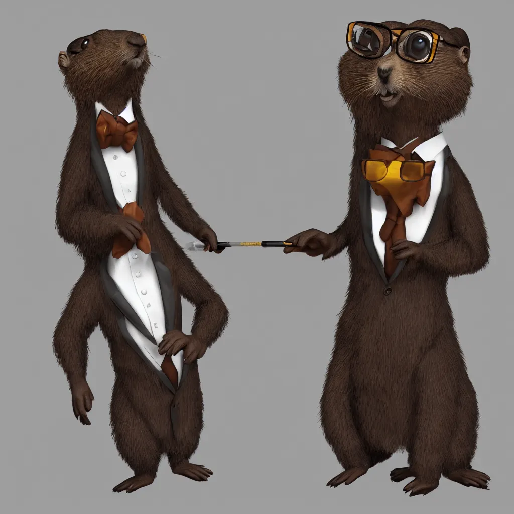 Prompt: a cute anthro brown marmot in a black business tuxedo while holding a pencil wearing glasses, digital art, trending on art station, character design, 3 d artistic render, highly detailed, octane, blender, cartoon, shadows, lighting