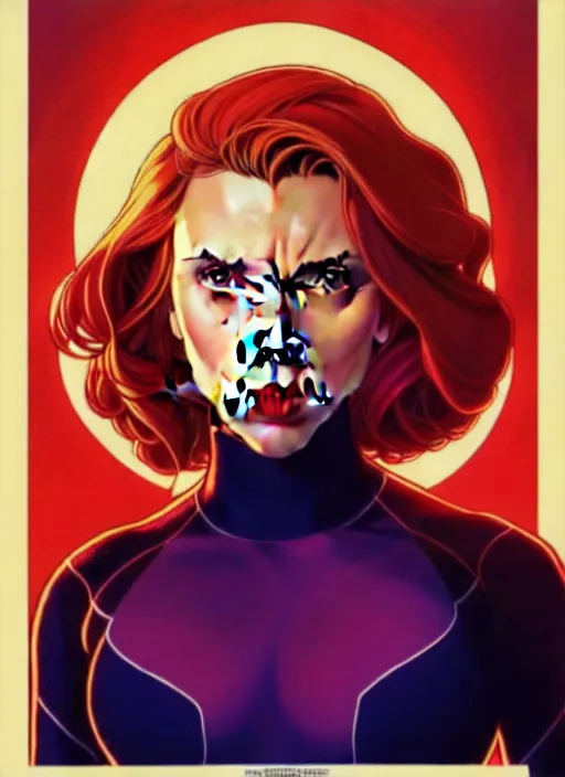 Image similar to rafeal albuquerque comic art, joshua middleton comic art, artgerm, cinematics lighting, night time, pretty scarlett johansson black widow, big smirk, symmetrical face, symmetrical eyes, long red hair, full symmetrical body, flying in the air, jumping off rooftop