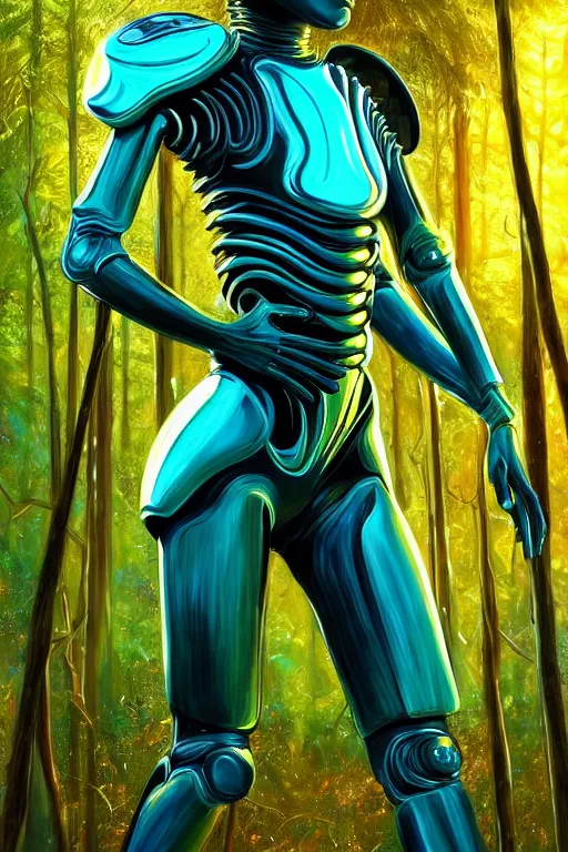 Image similar to hyperrealistic post - maximalist cinematic super expressive! black woman with exoskeleton armor, merging with tree in a forest, highly detailed digital art masterpiece, smooth cam de leon eric zener dramatic pearlescent soft teal yellow light, ground angle hd 8 k, sharp focus