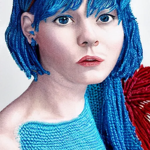 Prompt: A woman with blue hair wearing a crocheted crop-top, photorealistic portrait