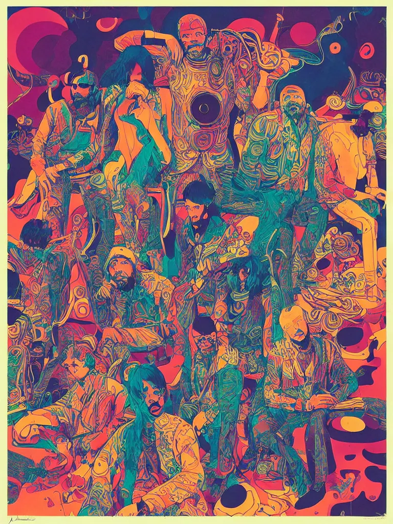 Image similar to a psychedelic poster of khruangbin trio musicians by james jean, paul lehr, krizpii, christian orrillo, risography print,