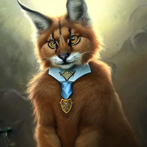 Image similar to cute fluffy caracal wearing a tie, closeup, D&D, fantasy, intricate, elegant, highly detailed, digital painting, artstation, concept art, matte, sharp focus, illustration, hearthstone, art by Artgerm and Greg Rutkowski and Alphonse Mucha