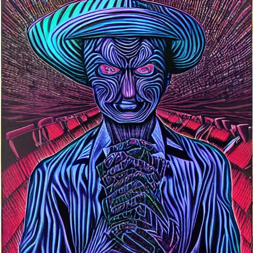 Prompt: stuck in a dream by alex grey featuring freddy krueger