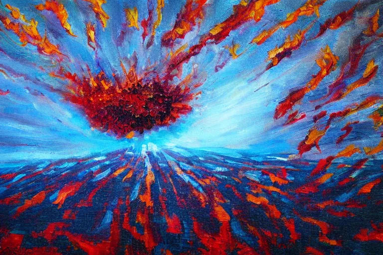Prompt: oil painting of giant explosion made with flowers, clean blue sky, in style of 80s sci-fi book art