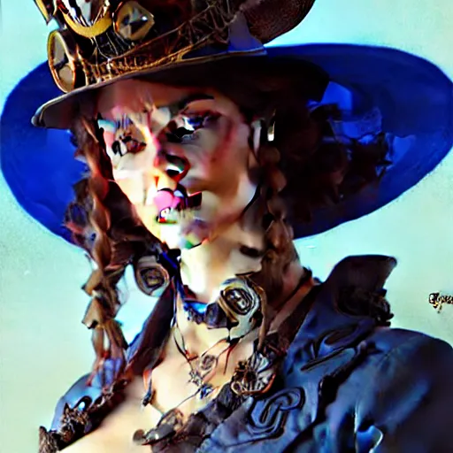 Image similar to a cinematic portrait scene female steampunk girl with a big hat, blue background, intricate, elegant, highly detailed, digital painting, artstation, concept art, smooth, sharp focus, illustration, art by artgerm and greg rutkowski and alphonse mucha