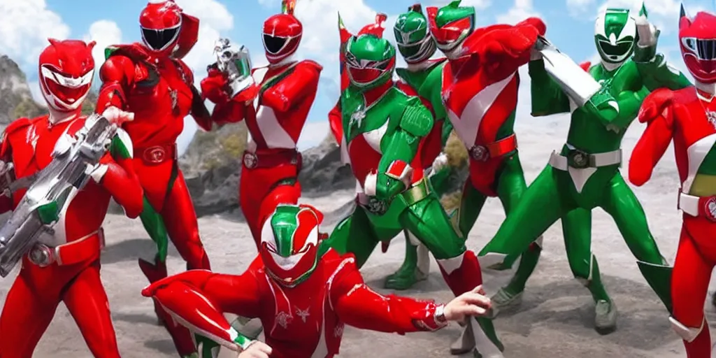 Image similar to realistic scene of red and green power rangers in war, ultra realistic, 8 k