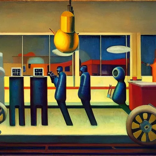 Image similar to robots queue up to eat ice cream, grant wood, pj crook, edward hopper, oil on canvas