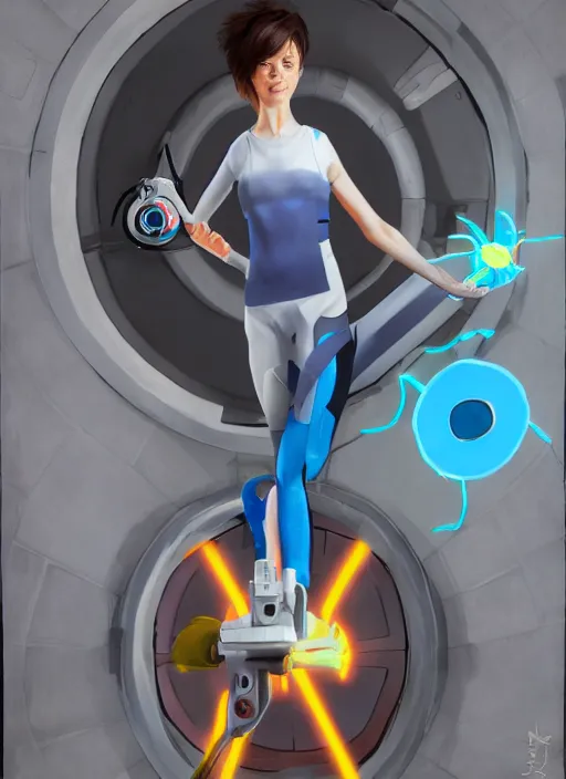 Image similar to full body oil painting of the character tracer holding a portal gun standing in a portal 2 test chamber, valve,