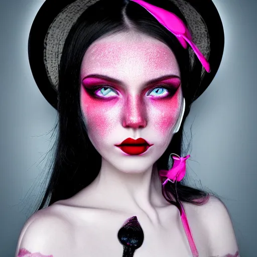 Image similar to portrait of a beautiful witch, pretty, pink eyes, bright white face, red lips, black hair, ultra realistic, hyperrealisme, HDR,